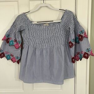 Ann Taylor Loft Off Shoulder Embroidered‎ Sleeves Stretch Top Blue White Size SP
